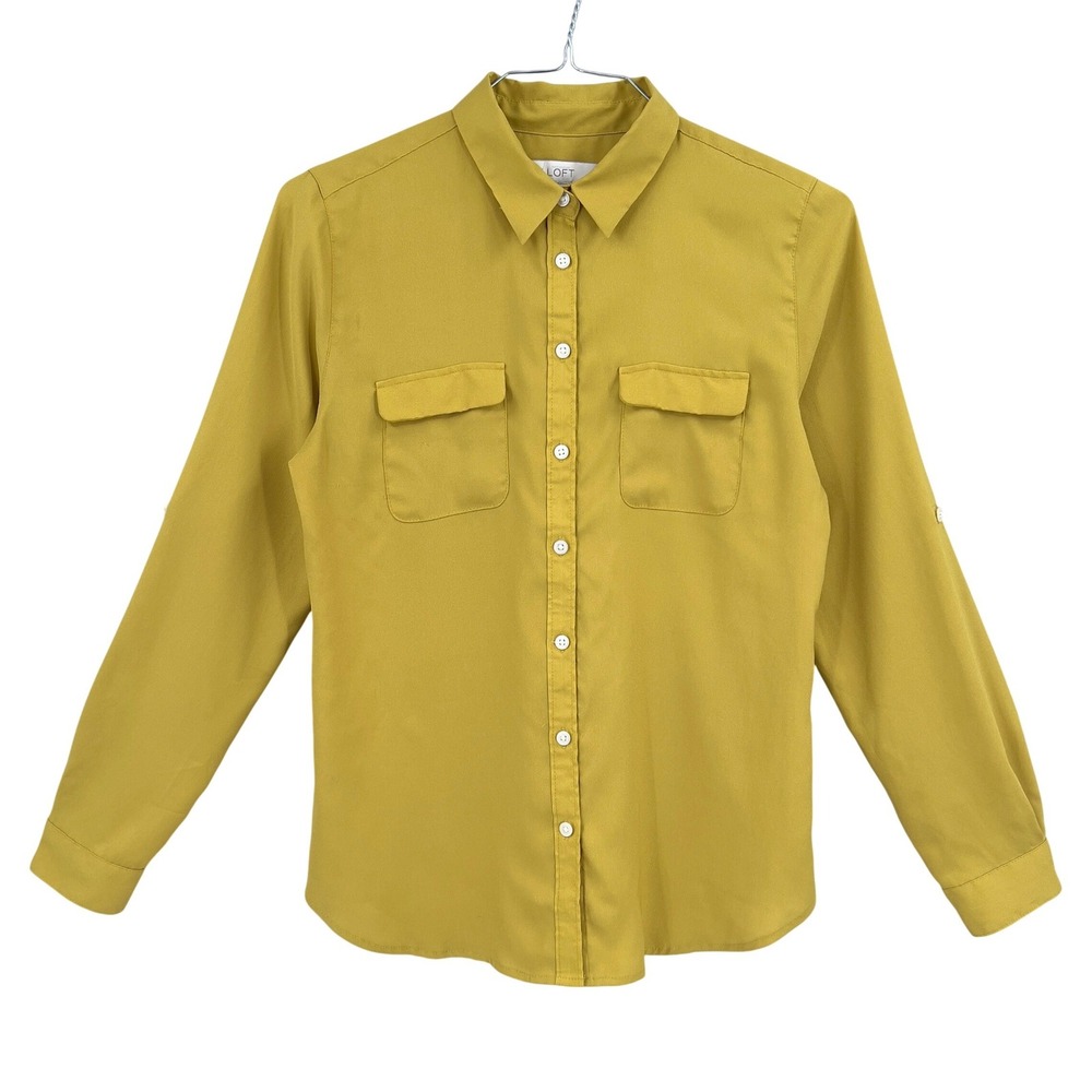 LOFT Womens Mustard‎ Citron Yellow Utility Button Down Blouse Roll Tab Sleeve M